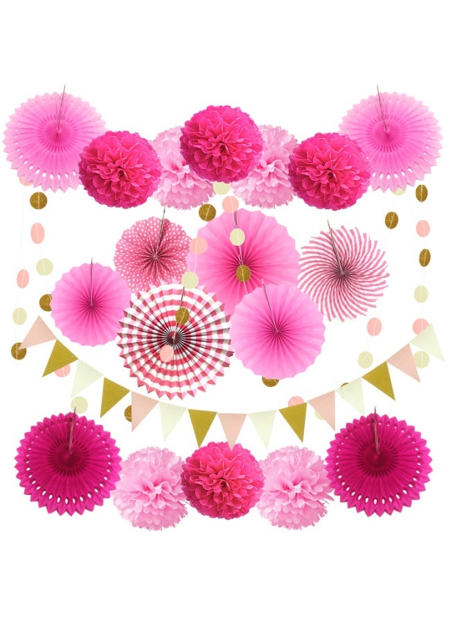 Mordely Party Decoration, 20 Pcs Pink Hanging Paper Fans, Pom Poms Flowers, Garlands String Polka Dot and Triangle Bunting Flags for Birthday Parties, Bridal Showers, Baby Showers, Wedding - Image 1